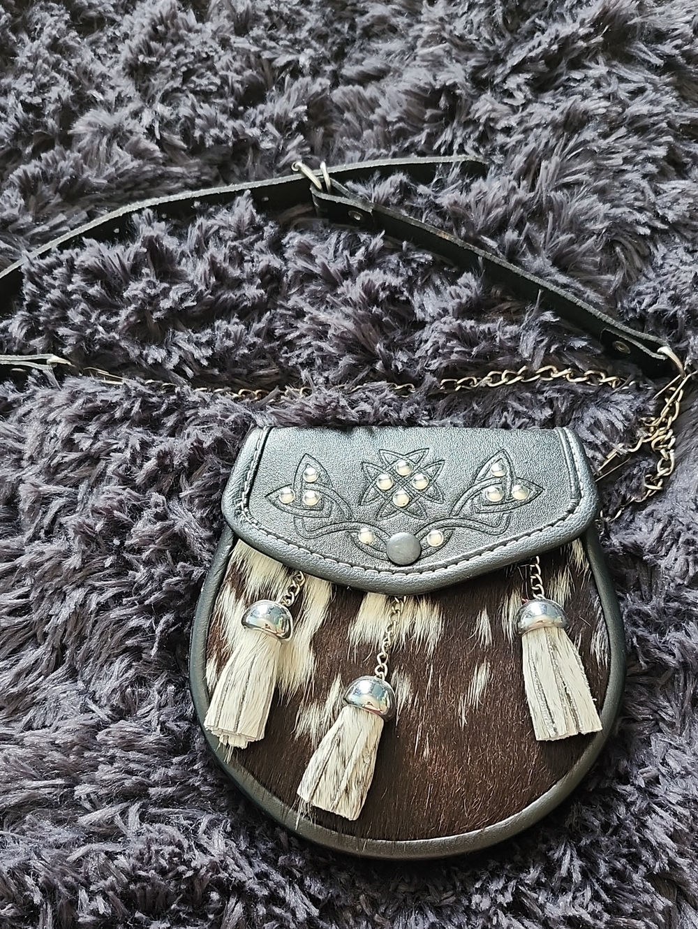 Handcrafted Brown Leather & Hair-on Hide Crossbody Bag with Tassels
